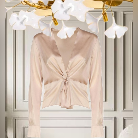 Nicole Miller Champagne Satin Long Sleeve Twist Blouse Top Sz M - Picture 15 of 16